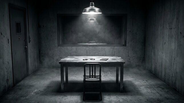 Dark interrogation room in police station with handcuffs on table under dramatic cinematic overhead light