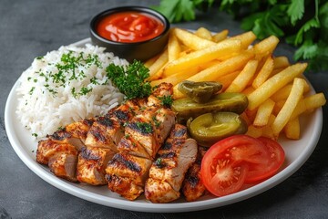 Fototapeta premium Grilled sliced chicken with white rice, golden french fries, sliced tomato, pickled jalapenos and ketchup on a plate, garnished with parsley, appetizing and savory