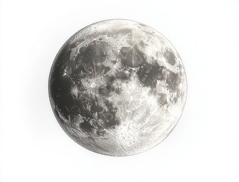 Detailed full moon showing craters, lunar mare, and surface texture on a bright white background, evoking calm majestic awe