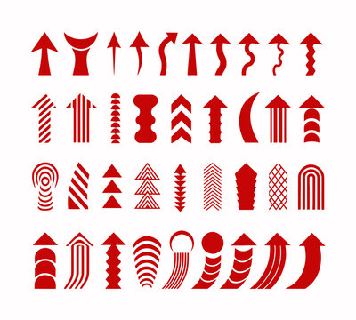 Collection of decorative red arrow graphics with patterns and textures including stripes and waves for vector design applications provided in high quality eps format.