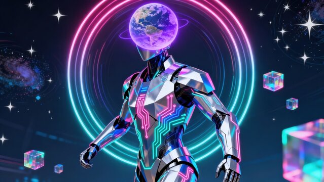 Futuristic robot with glowing Earth head