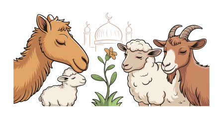 Obraz premium Peaceful eid al adha cartoon animals with eyes closed including camel sheep and goat near mosque and flower.
