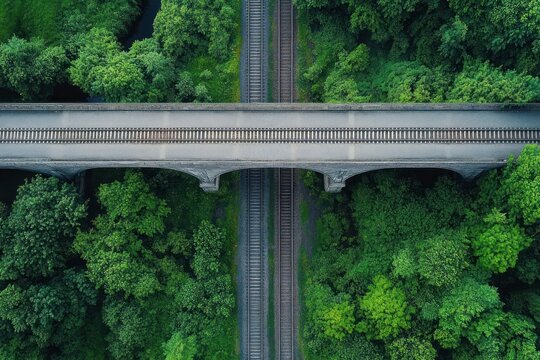 Aerial view of a stone railway viaduct crossing over parallel train tracks through dense green forest, symmetrical and tranquil scene evoking calm solitude