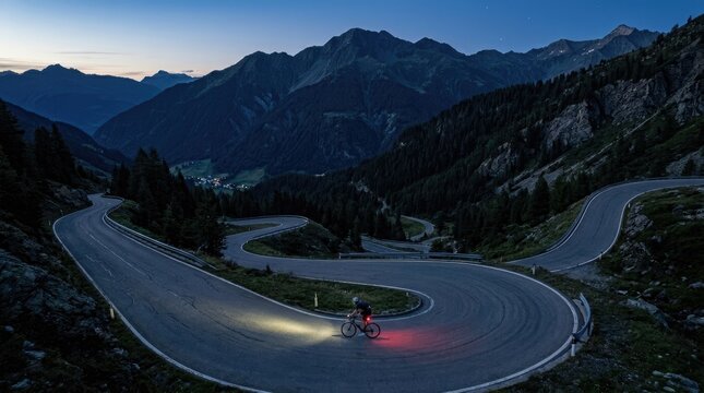 Cyclist with bright head and tail lights riding a road bike on a winding mountain pass with switchbacks at dusk, surrounded by dark alpine forests and peaks