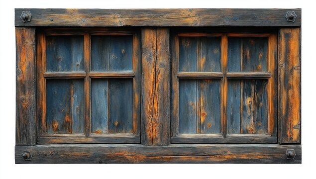 paired four-pane wooden windows with weathered blue panels and warm orange-stained frame, rustic aged texture and nostalgic cozy mood