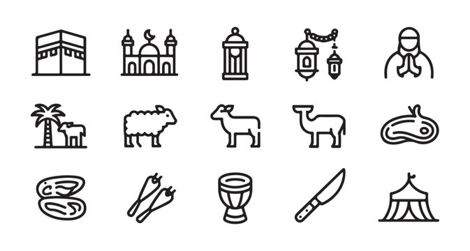 Set of islamic eid al adha line icons featuring kaaba mosque lantern ram sheep camel meat dates drums knife and tent.