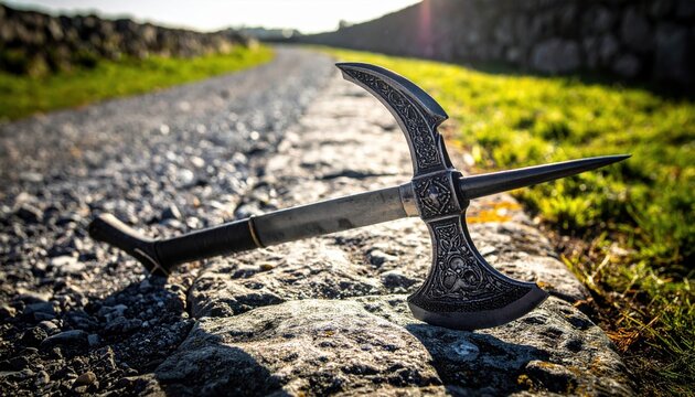 Ornate engraved medieval halberd head with crescent axe blade and sharp top spike resting on a rural stone path in cinematic widescreen, showing detailed historical craftsmanship outdoors.