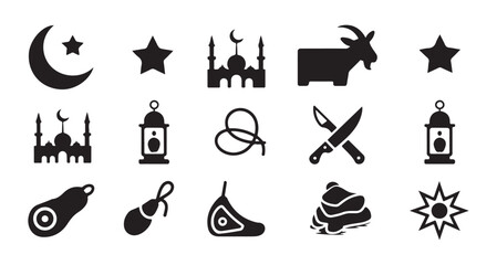 Obraz premium Islamic eid al adha icons collection with crescent moon star mosque goat lantern meat and knives.