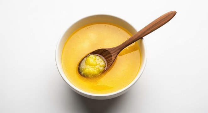 Golden homemade desi ghee sits in a simple white ceramic bowl with a wooden spoon, isolated on a clean white background for a pure look, organic, yellow, texture