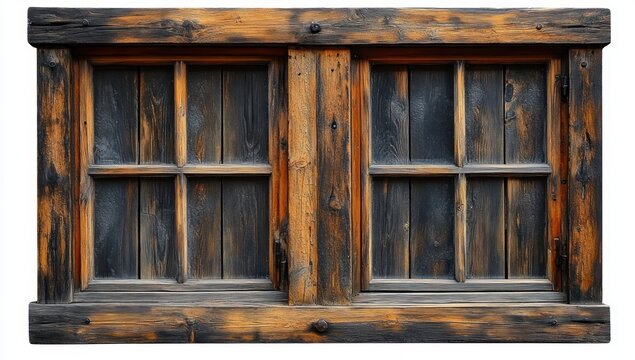 weathered wooden double window with four-pane sashes, charred dark grain and warm amber highlights, rustic aged texture evoking cozy nostalgic mood