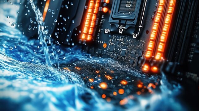 high-tech motherboard with glowing orange led modules submerged in rushing blue water, dramatic splash and tense urgency