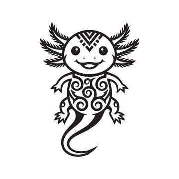 Tribal Axolotl Tattoo Silhouette Vector Illustration, Black and White Salamander Animal Graphic Design

