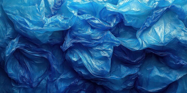 crumpled blue plastic bags piled and layered, glossy wrinkled texture conveying suffocating synthetic clutter and environmental unease