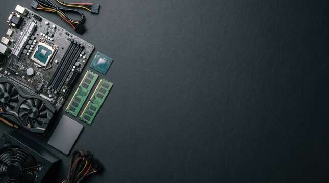 Top view of computer hardware components including a motherboard and RAM sticks on a dark background.