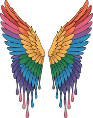 Obraz premium Vibrant pair of artistic angel wings featuring a beautiful rainbow spectrum with liquid paint dripping down from the feather tips