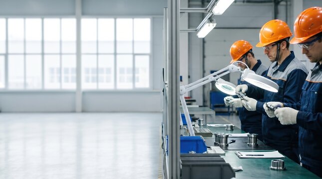 Group of three male technicians in safety gear performing quality control at industrial lab