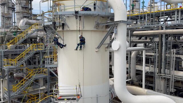 Aerial high angle shot of technicians repairing a plant in an oil or chemical refinery. Industrial rope access workers descending to grind and repair a turbine. Working at height. Rappelling, Abseilin