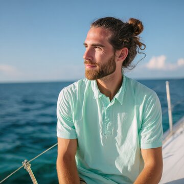 Male caucasian young man portrait on sailboat at sea with beard bun mint polo looking confident and calm
