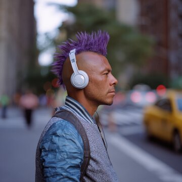 Male asian adult purple mohawk headphones city street profile portrait urban commuter backpack jacket confident expression in soft evening light