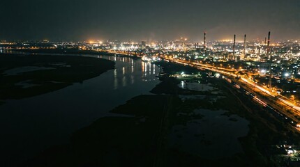 Naklejka premium Night view of sprawling industrial complex and factory lights reflected in dark river