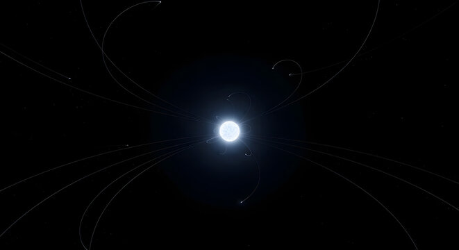 A bright neutron star or pulsar with visible magnetic field lines in space