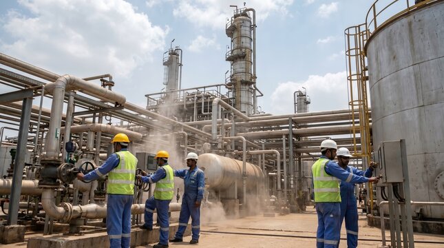 Group of industrial workers in safety gear operating valves at a large gas refinery