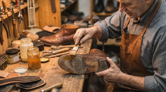 Senior male cobbler applying glue to leather boot in traditional shoemaking workshop