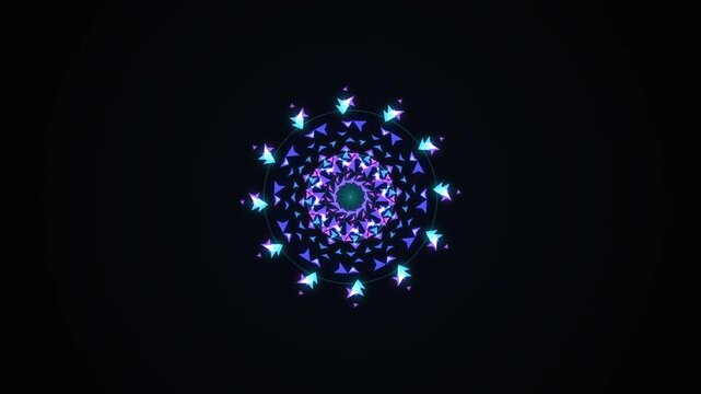 Abstract geometric mandala animation with rotating neon triangle shapes