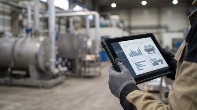 Worker using digital tablet for predictive asset maintenance in modern industrial factory