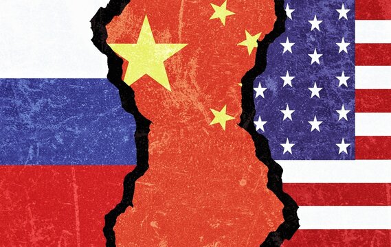 Geopolitical power race between USA China and Russia. Diplomatic relations hindrance between China US and Russia. Trade war and political war. Military war. Power race China US Russia.