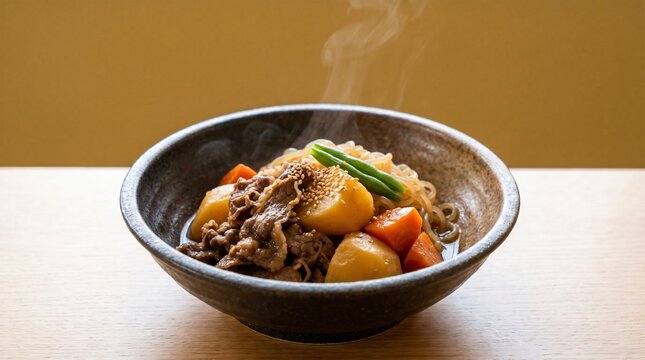 Traditional Japanese beef, potato, and carrot stew (Nikujaga) with sweet savory glaze