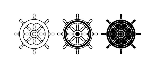 Nautical Ship Wheel Icons, Vintage Marine Helm Vector Set, Classic Steering Wheel Graphics © Khokon