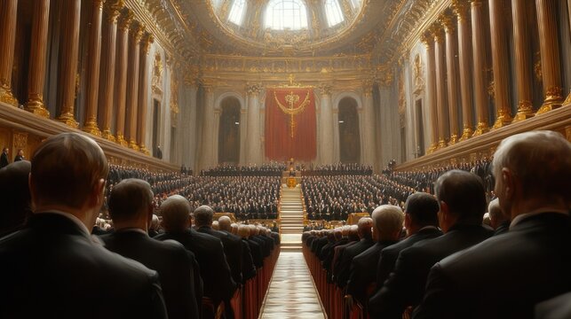 Solemn assembly of formally dressed attendees seated in a gilded grand ceremonial hall, central aisle leading to a raised dais with red drapery beneath a glowing domed skylight