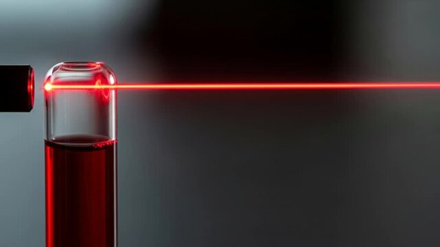 Red laser beam illuminating a test tube with red liquid, static shot, science and medical research.