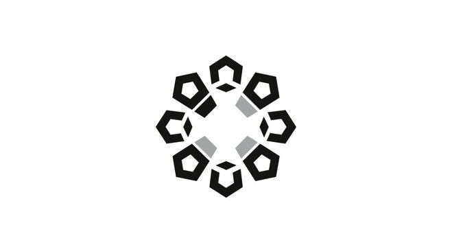 Geometric, symmetrical star-like pattern with black and gray shapes