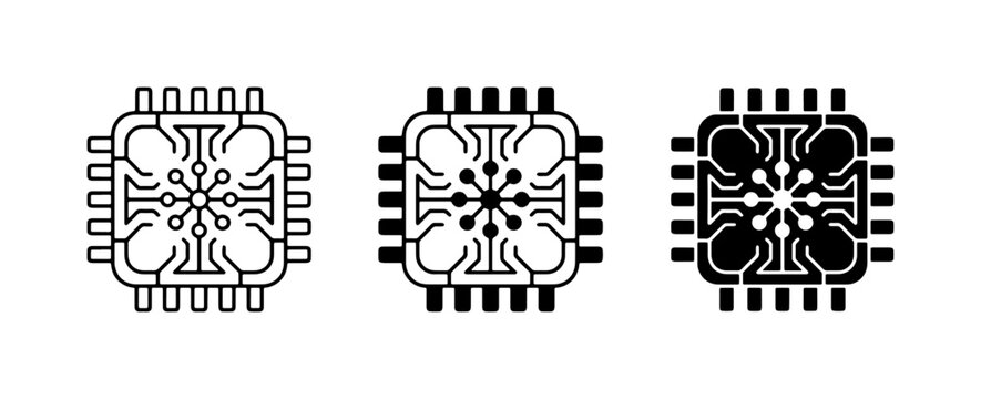 Microchip Icons, Computer Chip Set, Electronic Component Vector Graphics