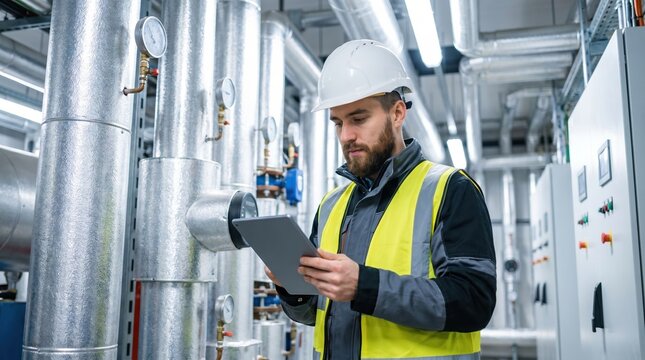 Engineer in hard hat and safety vest checking industrial pipes on a digital tablet in a plant.