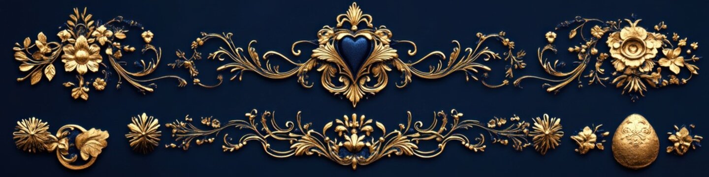 three horizontal ornate gold floral borders with scrolling foliage, central heart medallion, decorative egg, rosettes and swirls on deep blue background, luxurious elegant mood