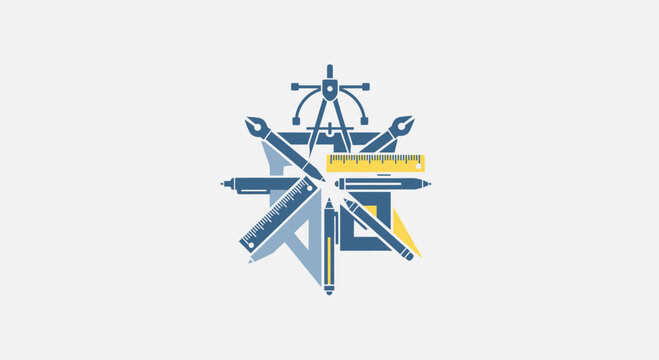 Geometric emblem with drafting tools and writing instruments arranged symmetrically