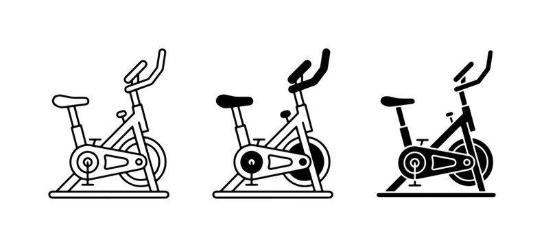 Spin Bike Icons, Stationary Exercise Bicycle Set, Indoor Cycling Equipment Vector Graphics