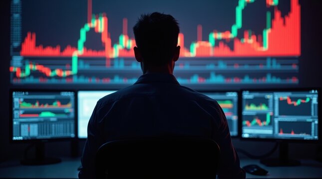 Silueta de un operador burs&aacute;til frente a m&uacute;ltiples monitores, con un gr&aacute;fico alcista superpuesto que domina la composici&oacute;n