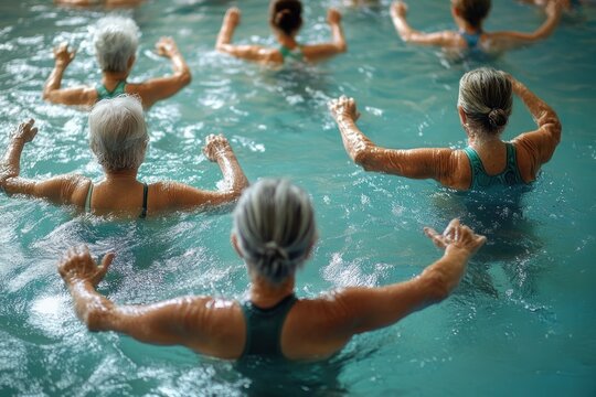 senior women in swimsuits performing synchronized water aerobics in a turquoise indoor pool, focused and energetic group exercise