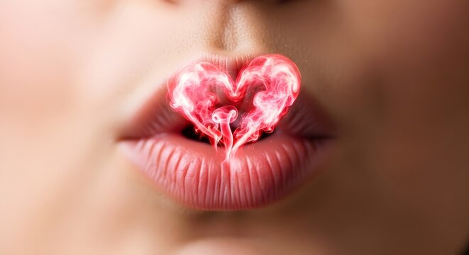 Sensual Lips Blowing a Kiss with a Glowing Red Smoke Heart - Symbol of Love and Passion