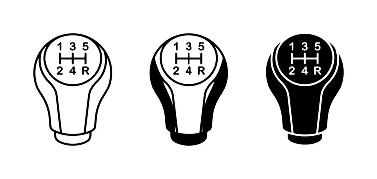 Manual Gear Shift Knob Icons, 5-Speed Transmission Lever Vector Set, Automotive Control Symbols