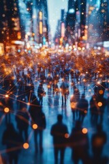 Fototapeta premium blurred crowd of silhouetted pedestrians in a neon city at night connected by glowing digital nodes and lines conveying a futuristic sense of anonymous connectivity and motion