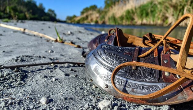 Handcrafted medieval iron spaulders with engraved decorative trim and leather ties resting on a silty river bank, showcasing detailed craftsmanship in a cinematic outdoor scenic composition.