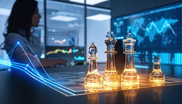 Glowing glass chess pieces on a digital board symbolize strategic business planning and financial analysis in a hightech office setting with data visualization for global market success.