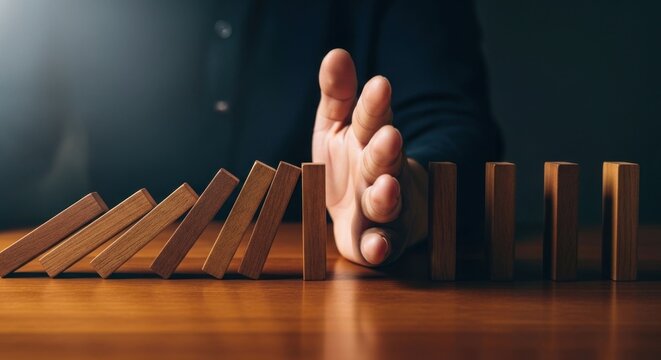Business Hand Stopping Dominoes Falling Risk Management Strategy.