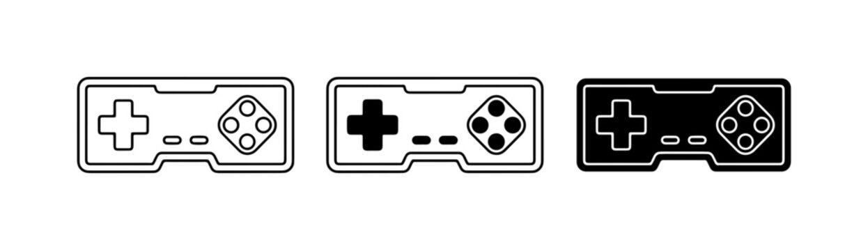 Retro Game Controller Icons, Classic Video Game Input Devices, Vintage Gaming Joysticks, Black and White Vector Set