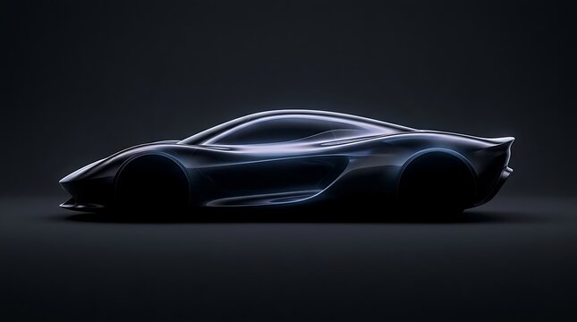 Futuristic sleek electric supercar silhouette with glowing blue neon light in minimalist dark studio